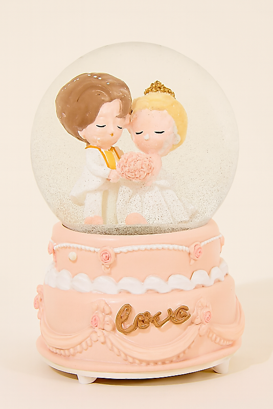 Romantik Yavruağzı Gelin Damat Temalı Işıklı/Müzikli Kar Küresi